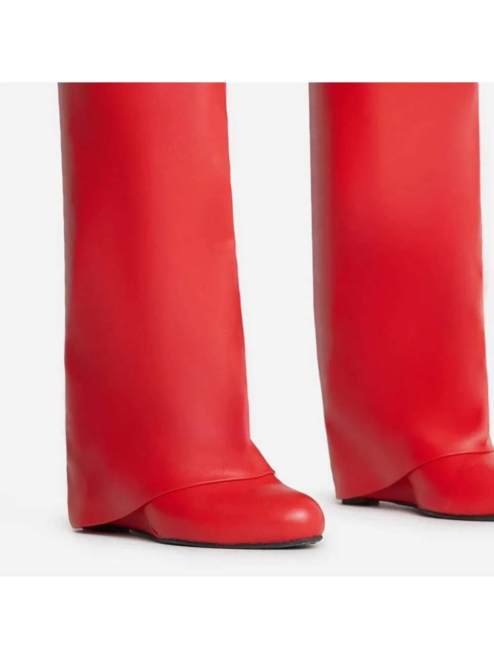Women's Red Fold Over Wide Calf Wedge Heel Knee High With Decorative Lock Boot